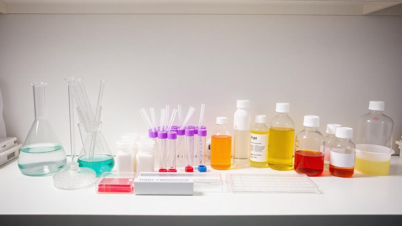 Bancada de laboratório com vidrarias, reagentes e consumíveis organizados