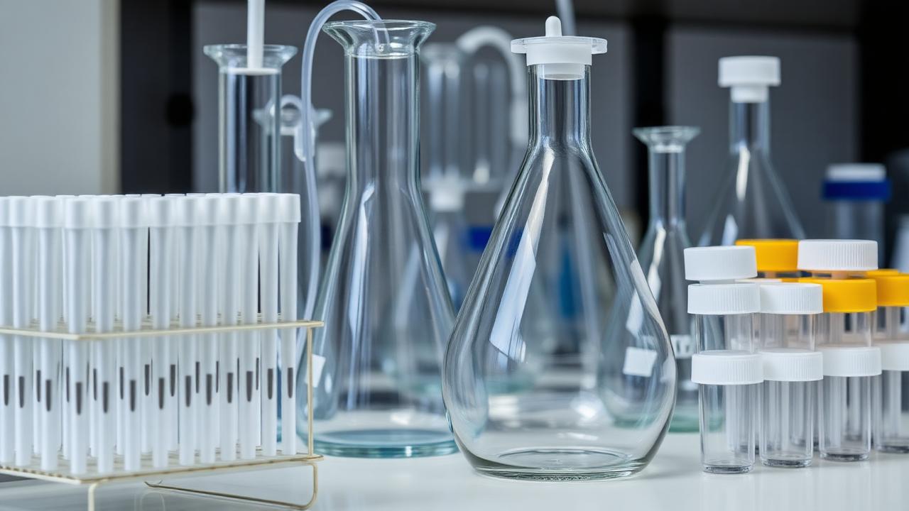 Consumíveis e vidrarias de laboratório organizados em bancada